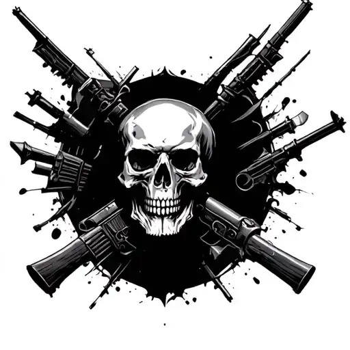 An Intricate Black And Grey Battlefield Scene With A Skull As The Focal Point
