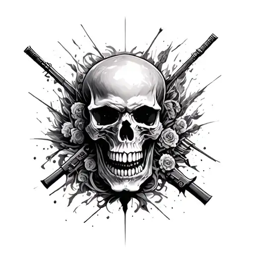 An Intricate Black And Grey Battlefield Scene With A Skull As The Focal Point