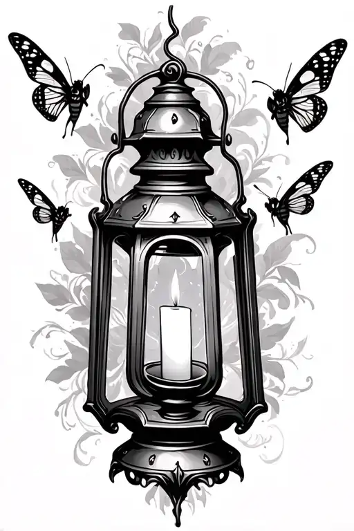 Victorian Lantern With A Candle And Two Fearh Moths Flying Around