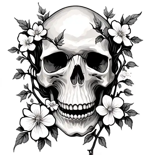 Skull With Vines Growing Out All Sides And White Flowers Blooming From Them