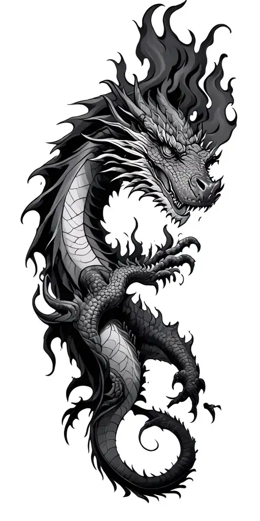 Full Sleeve Tattoo Featuring Dragon Breathing Fire