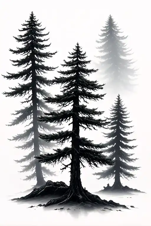 3 Pine Trees With Fog And 2 More Faded Pine Trees In The Background
