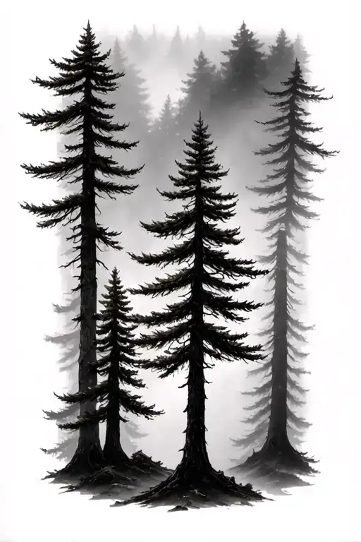 3 Pine Trees With Fog And 2 More Faded Pine Trees In The Background Not Ending On The Ground