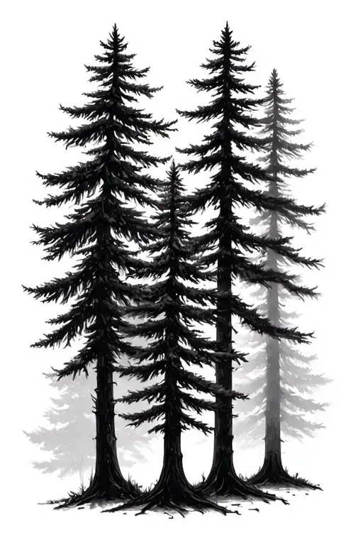 Simple 3 Pine Trees And 2 More Faded Pine Trees In The Background