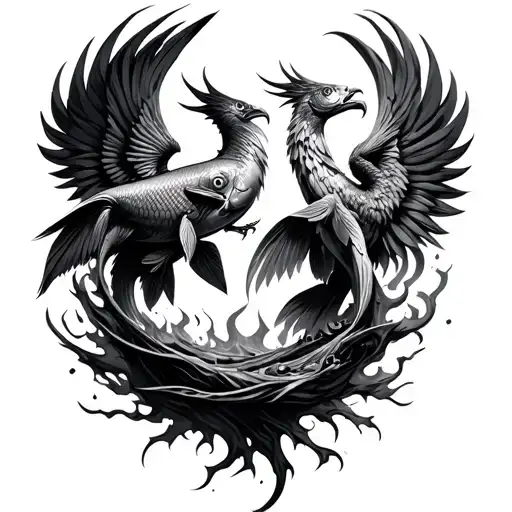 2 Fish Transforming Metal Into A Phoenix Rising From The Ashes