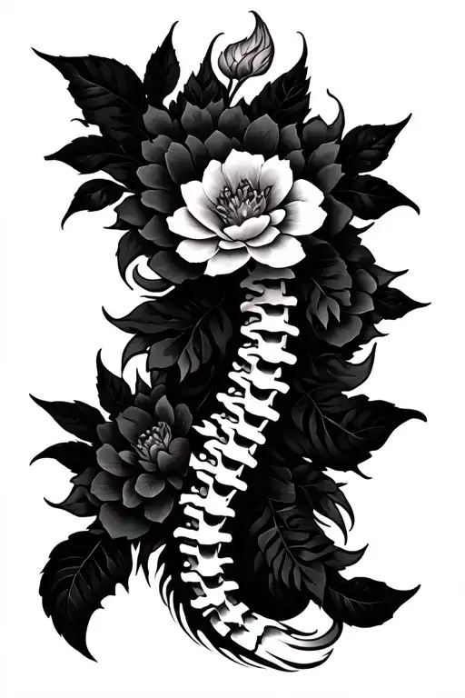 Khmer Naga Spine Tattoo With Flowers Growing