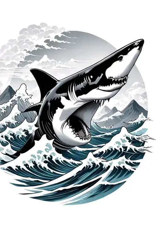 Sharks With Japanese Style Waves Crashing And Mountains