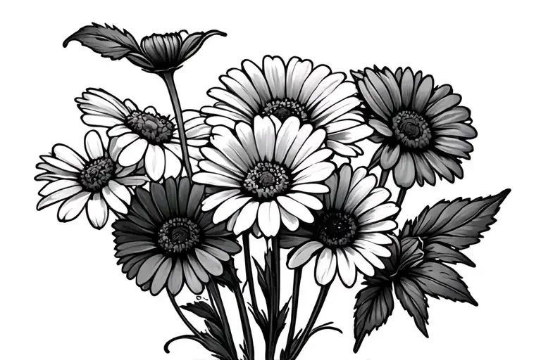 Daisies In A Bunch With Sweet Pea Flower And Folage In The Background