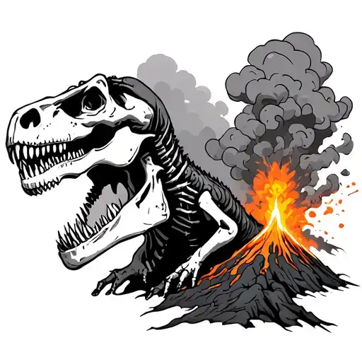 Trex Skeleton With Volcano Explosion With Clouds