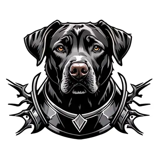 A Mix Of Labrador And Weimaraner Dog With Armor Viking Style