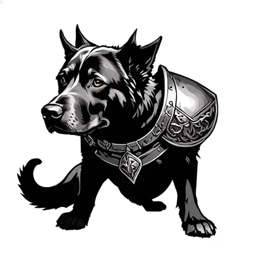 A Mix Of Labrador And Weimaraner And Wolf Dog With Armor Viking Style
