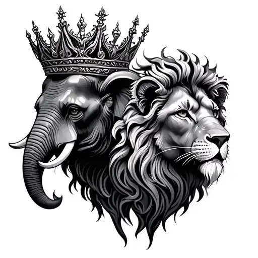 Twin Flame Elephant And Lion Wearing A Crown