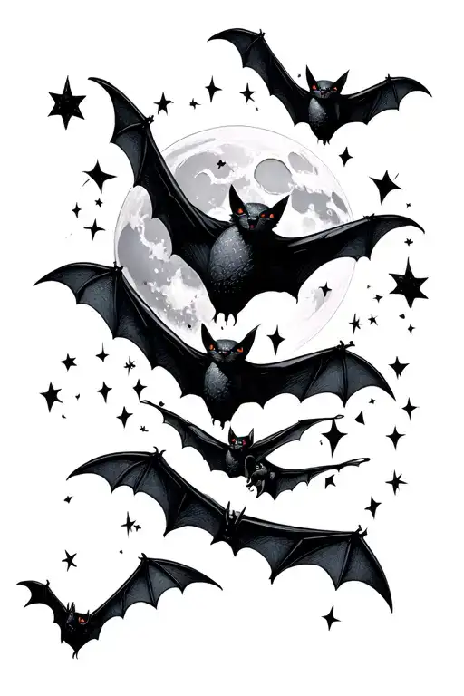 Bats Flying With Stars And A Moon Around Them Representing