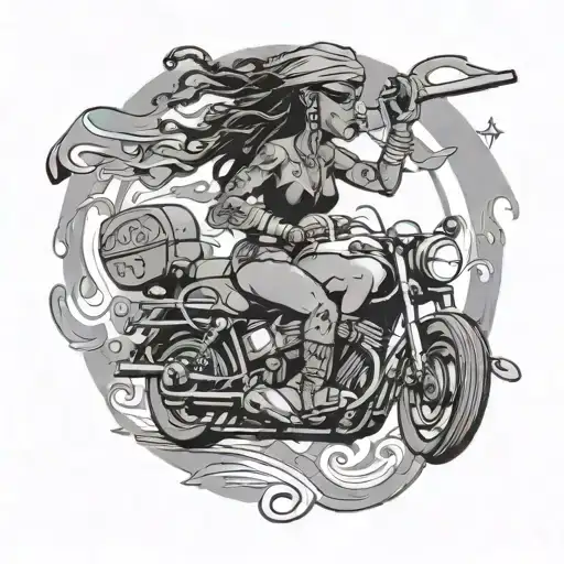A Black Female Pirate Riding A Motorcycle With Musical Notes Trailing Behind Her