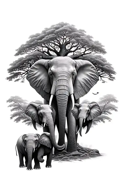 1 Large Elephant 5 Smaller Elephants And A Tree Of Life
