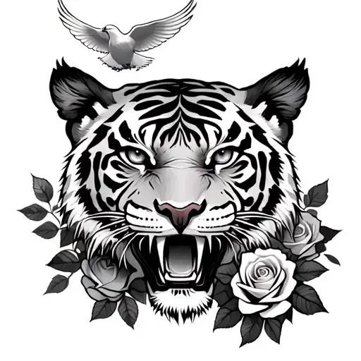 Roaring Tiger Face Crusafix Over Eye With Heaven Dove And Roses In Background