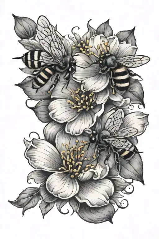3 Bees Flying Around A Flower With A Pollen Trail Up Leg