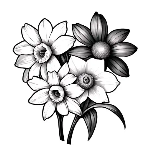 One Narcissus Flower And Two Aster Flowers