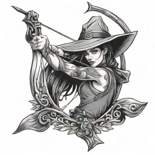 Female Archer With A Witch Hat Drawing Her Bow Back