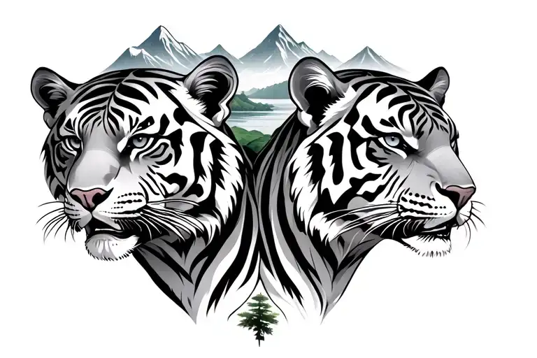 Two Symetrical Tigers With Mountains And Nature In Between Them