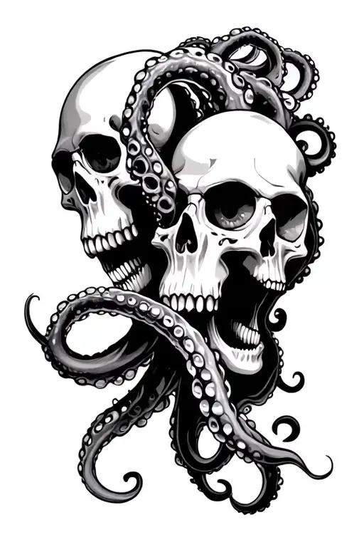 2 Skulls With Octopus Tentacles Coming Out Of Eyes And Mouth