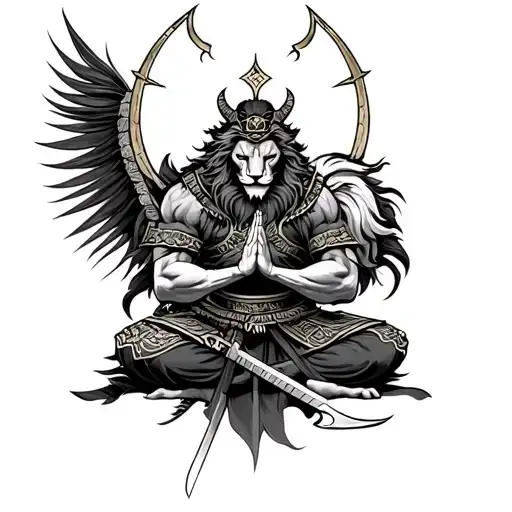 Leo And Sagittarius Joined Together Praying Samurai