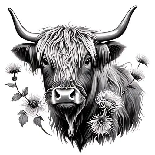 Highland Cow With Thistle Flowers