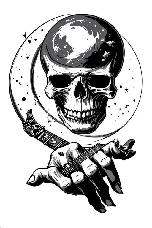 Rock And Roll Skull Hand With Moon Surrounded