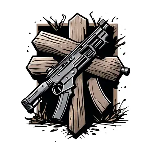 Wooden Cross With M16 Leaning Against It