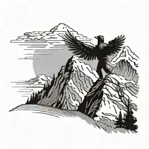 A Silhouette Of A Hiker Reaching The Summit Of A Towering Peak With An Eagle Perched On Top