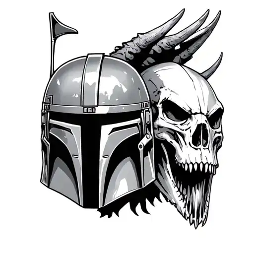Mandalorian And Boba Fett Helmet With Mythosaur Skull And Mudhorn Skull In The Background