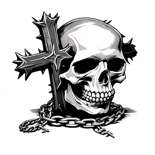Skull Behind Cross Spiky Chain Wrapped Loosely