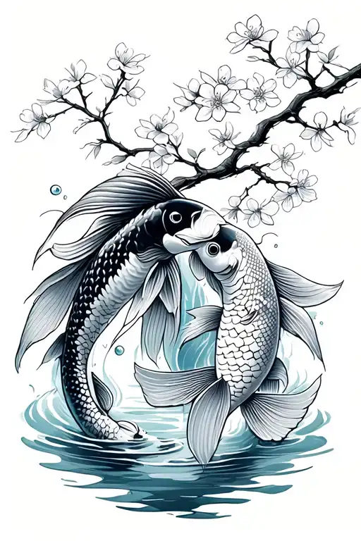 Two Koi Fish With Water And Cherry Blossom Tree