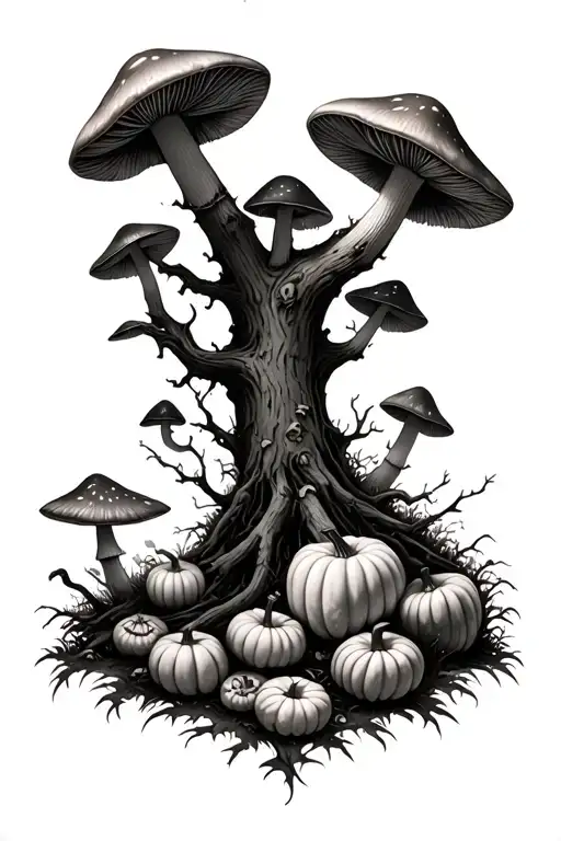A Grim Realistic Forest Full Of Mushrooms And Pumpkins