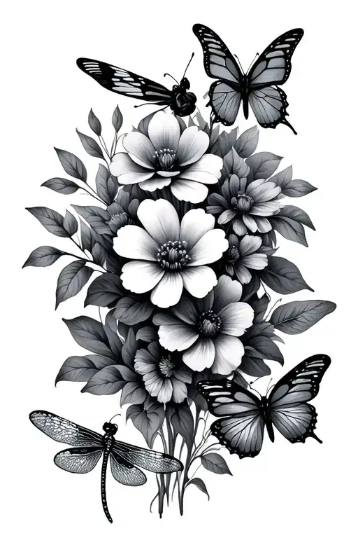 Flower Bouquet Butterflies Dragonflies