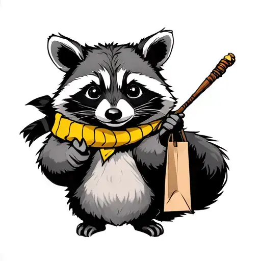 Racoon With A Hufflepuff Scarf Holding A Wand And Paperbag