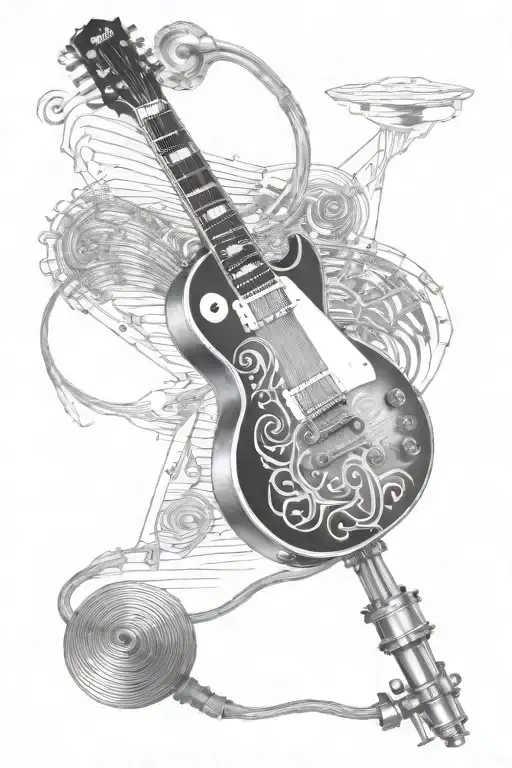 Gibson Les Paul Guitar Merging With 1 Retro Microphone And 20 Piano Keys