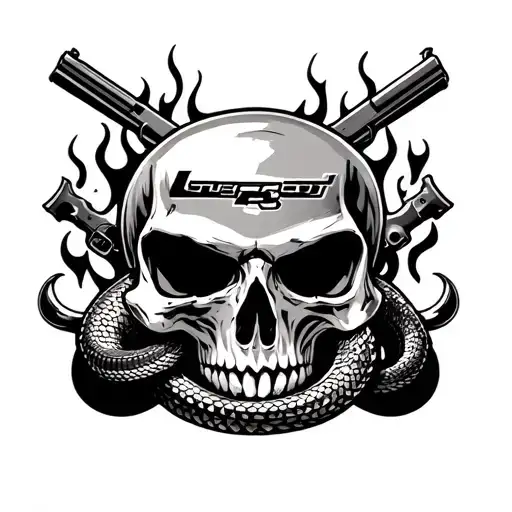 Snake Around A Skull With A Chevy V8 Motor With Flames And Tools And Guns