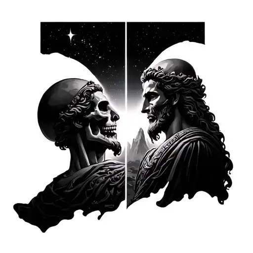 God Of Death Mirroring Zeus Facing Eachother Mount Zion In The Background With Galaxy