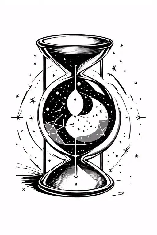 Simple Line Tattoo Of The Constellation Orion Inside An Hourglass With Black Glass