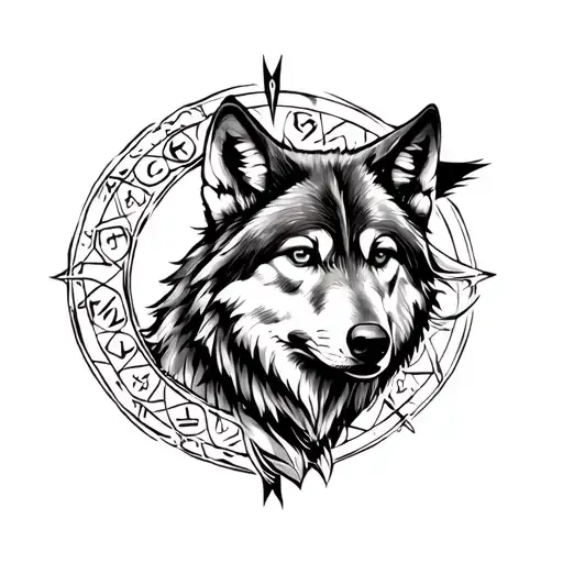 Realistic Detailed Sketch Of A Wolf Tattoo With A Runic Circle
