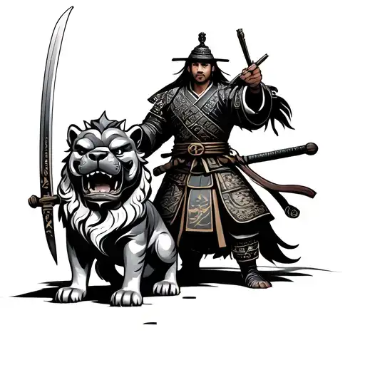 Samurai Warrior Wielding A Sword Standing Next To A Foo Dog