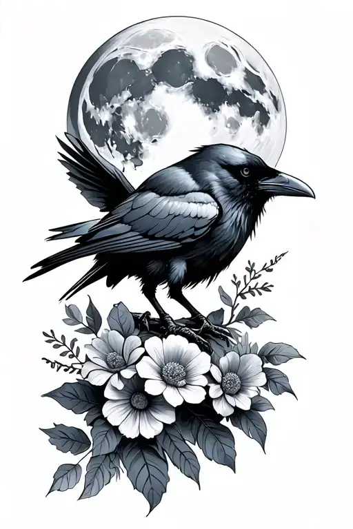Raven Carrying Flowers In Front Of Full Moon