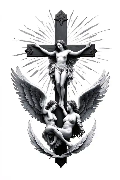 Angels Floating Around A Cross Intertwined