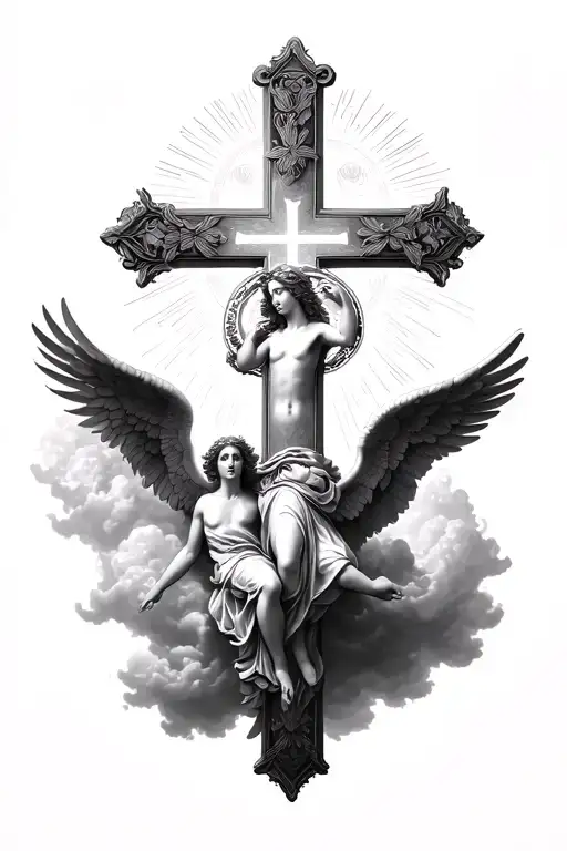 Angels Floating Around A Detailed Cross Intertwined With Halos Surrounded By Clouds