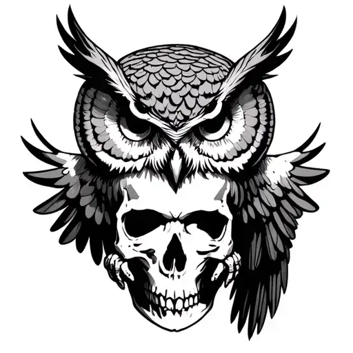 Symmetrical Owl With Wings Spread Wide And Its Talons Extended Grabbing A Human Skull