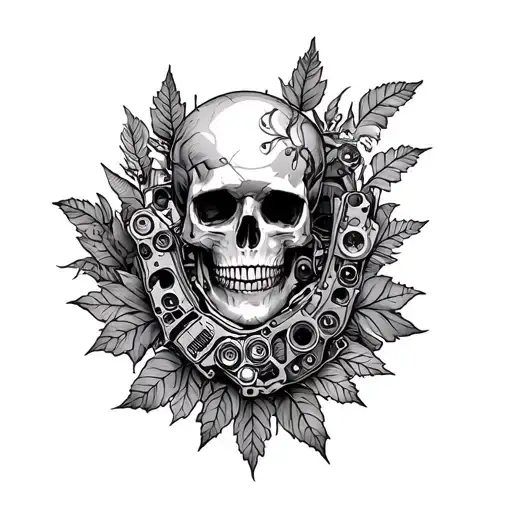 Full Sleeve Tattoo Featuring Elements Like Mechanical Parts And Leaves