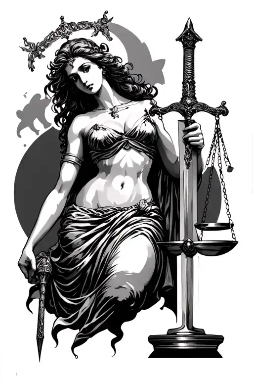 Topless Lady Justice With Sword And Tilted Scale