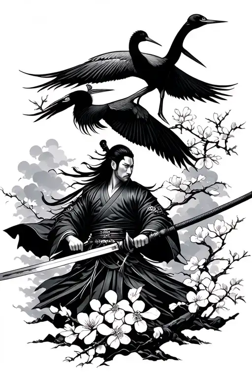 Japanese Warrior Wielding A Sword Around Cherry Blossoms With A Japanese Crane Below
