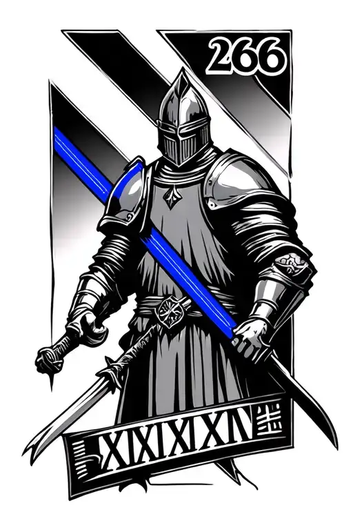 A Forearm Tattoo Of A Knight And The Thin Blue Line With Roman Numerals 266